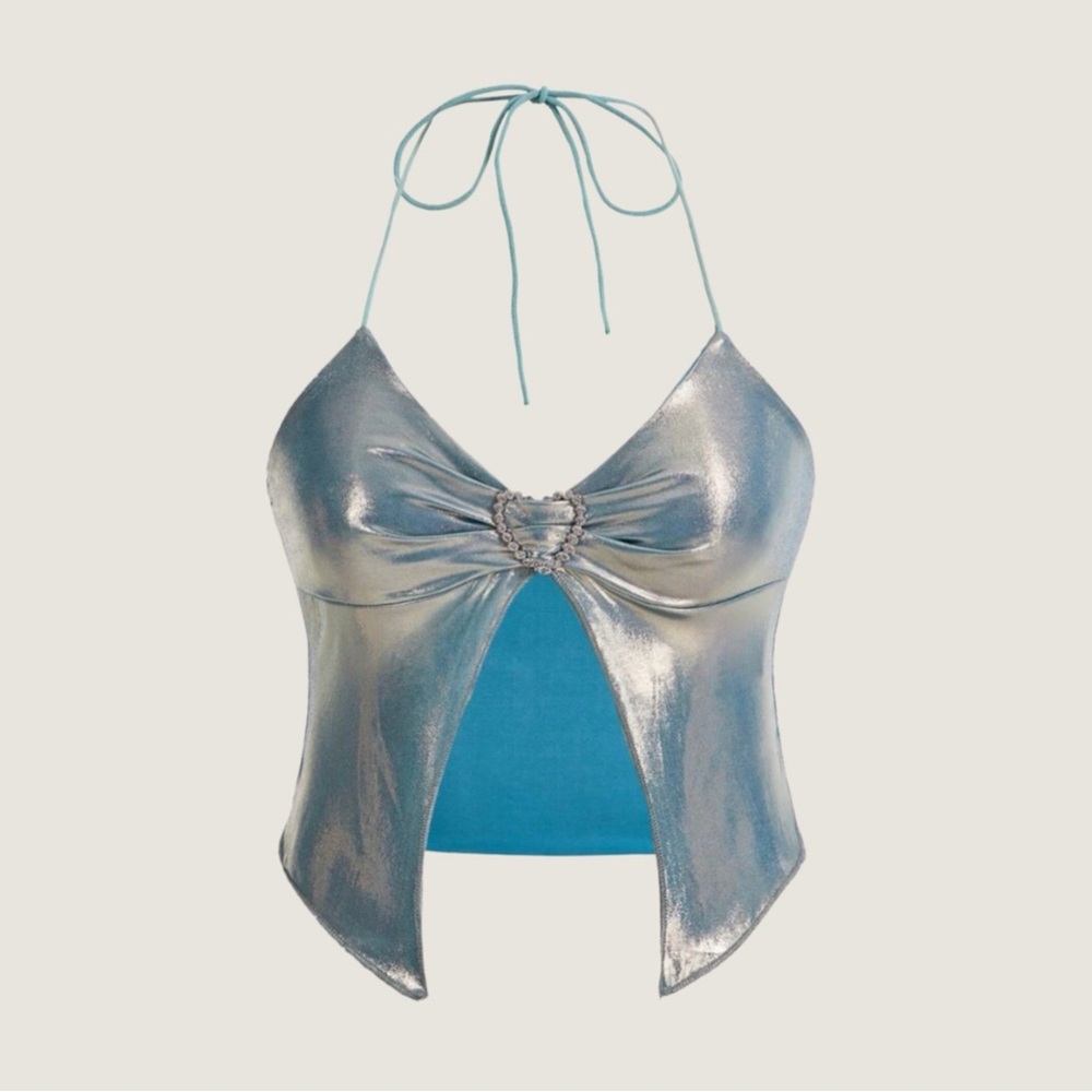 Silver Halter Top With Rhinestone Heart